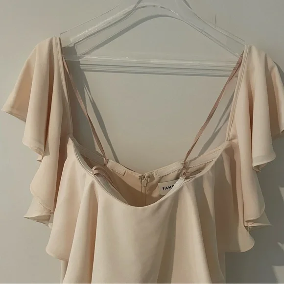 Fame and Partners Cream Gown Off the Shoulder Fitted Waist Size M High Slit - Picture 11 of 16